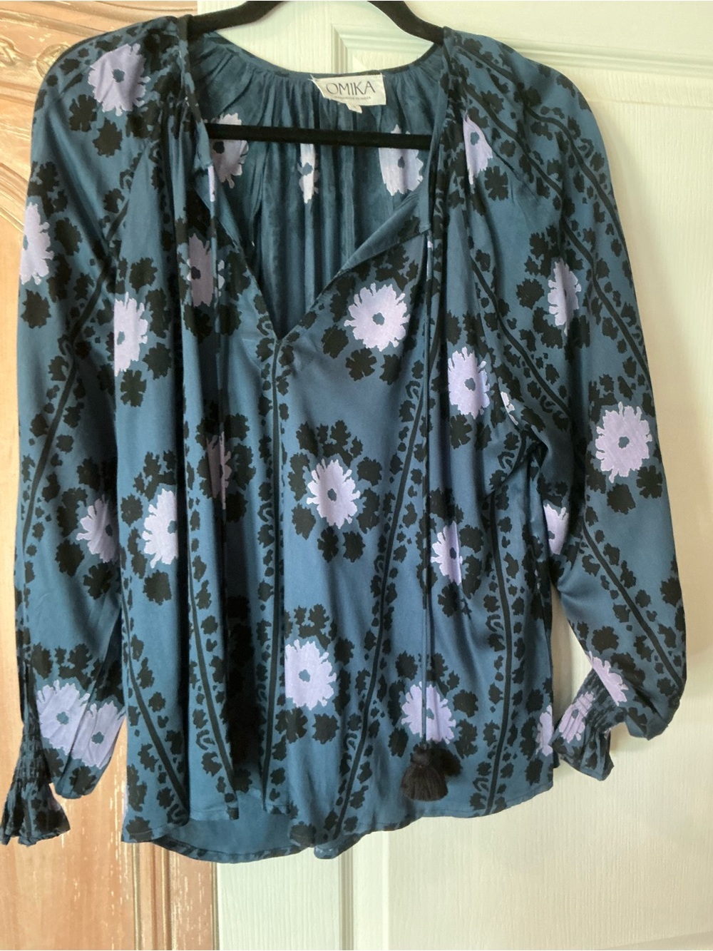 ‼️NWOT Omika Blue Blouse with Black and Lavender Floral Print